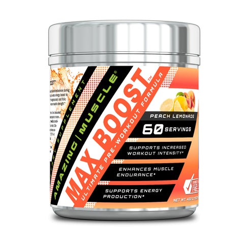 Image of Amazing Muscle Max Boost Pre-Workout Formula | Peach Lemonade Flavor | 60 Servings | 7.2 Grams per Serving