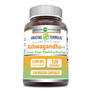 Amazing Formulas Ashwagandha with Turmeric, Ginger, Rhodiola & Black Pepper | 5200 Mg | 120 Veggie Capsules