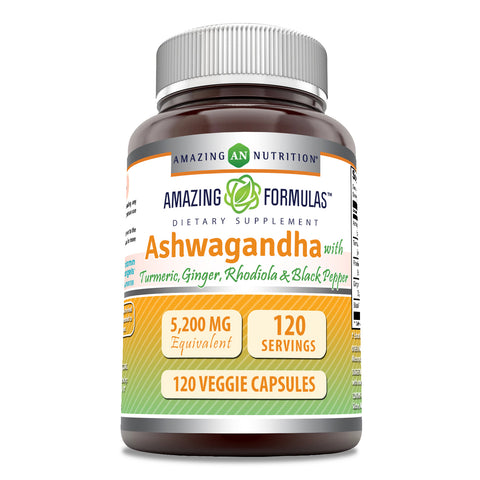 Image of Amazing Formulas Ashwagandha with Turmeric, Ginger, Rhodiola & Black Pepper | 5200 Mg | 120 Veggie Capsules