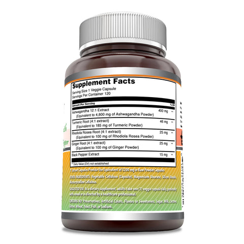 Image of Amazing Formulas Ashwagandha with Turmeric, Ginger, Rhodiola & Black Pepper | 5200 Mg | 120 Veggie Capsules