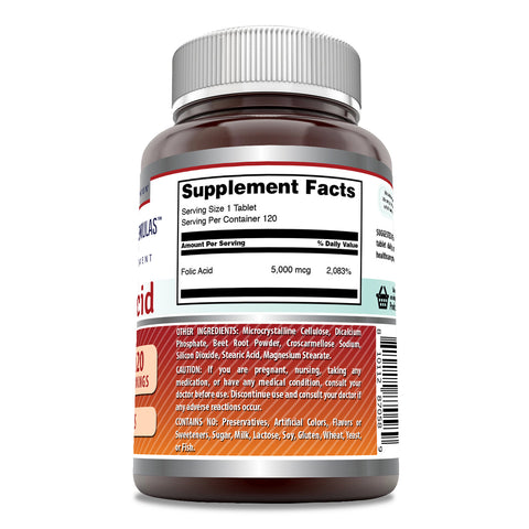Image of Amazing Formulas Folic Acid | 5000 Mcg | 120 Tablets
