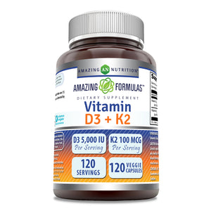 Amazing Formulas Vitamin D3 5000 IU + Vitamin K2 100 MCG | 120 Veggie Capsules