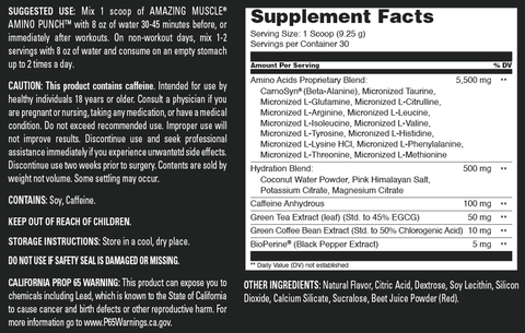 Image of Amazing Muscle Amino Punch | Fruit Punch | 30 Servings | 9.8 Oz | 9.25 Grams per Serving