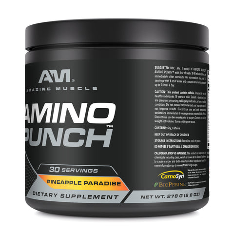 Image of Amazing Muscle Amino Punch | Pineapple Paradise Flavor | 30 Servings | 9.8 Oz | 9.25 Grams per Serving