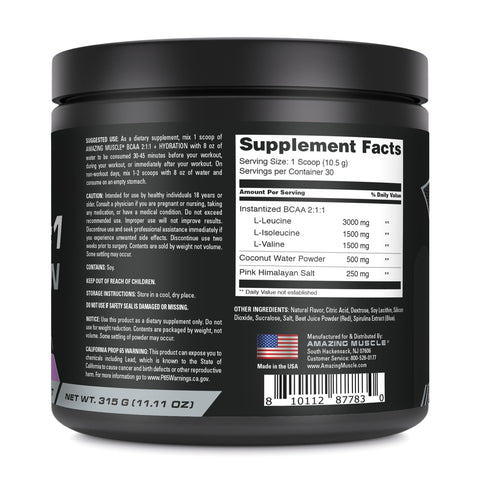 Image of Amazing Muscle BCAA 2:1:1 + Hydration | Grape Candy Flavor| 30 Servings | 315 Grams (11.11 Oz)