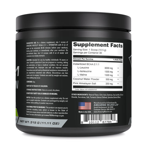 Image of Amazing Muscle BCAA 2:1:1 + Hydration | Green Apple Flavor| 30 Servings | 315 Grams (11.11 Oz)