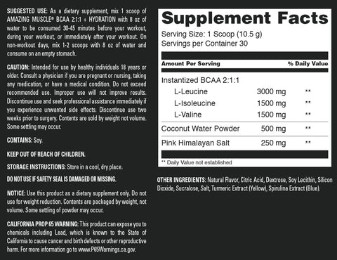 Image of Amazing Muscle BCAA 2:1:1 + Hydration | Green Apple Flavor| 30 Servings | 315 Grams (11.11 Oz)