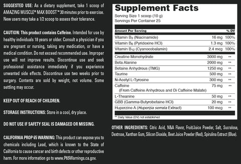 Image of Amazing Muscle Max Boost | Intense Pre-Workout Supplement | 25 Servings| Blueberry Pomegranate Blast Flavor