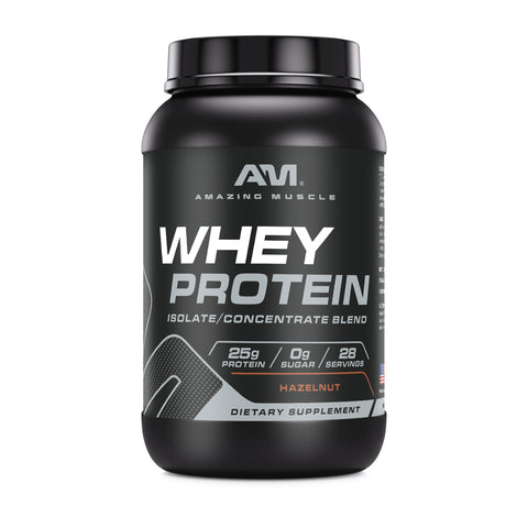 Image of Amazing Muscle Whey Protein Isolate & Concentrate Powder | Hazelnut Flavor | 2 Lb | 25 G Protein per Serving | 28 Servings