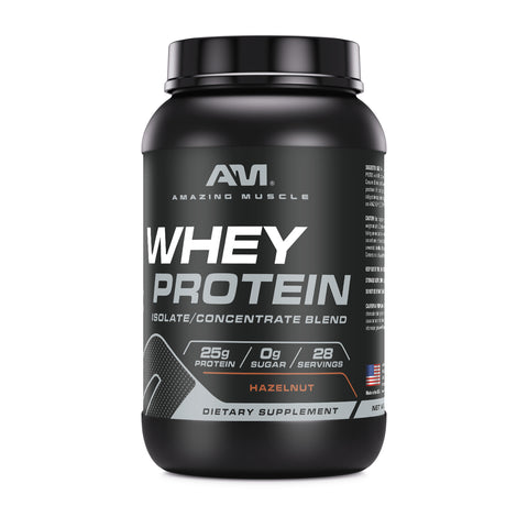 Image of Amazing Muscle Whey Protein Isolate & Concentrate Powder | Hazelnut Flavor | 2 Lb | 25 G Protein per Serving | 28 Servings