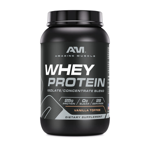 Image of Amazing Muscle Whey Protein Isolate & Concentrate Powder | Vanilla Toffee Flavor | 2 Lb | 25 G Protein per Serving | 28 Servings