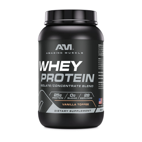 Image of Amazing Muscle Whey Protein Isolate & Concentrate Powder | Vanilla Toffee Flavor | 2 Lb | 25 G Protein per Serving | 28 Servings