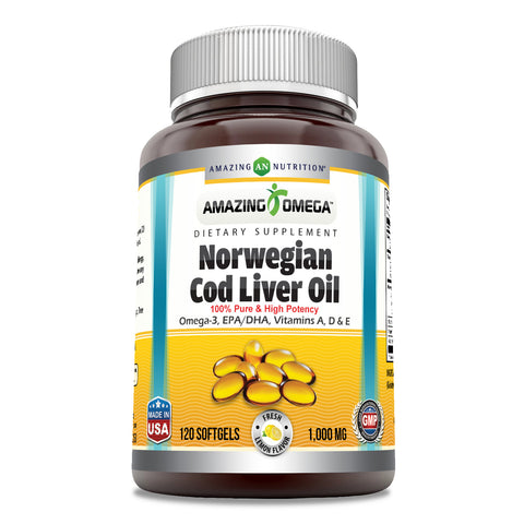 Image of Amazing Omega Norwegian Cod Liver Oil | 1000 Mg | 120 Softgels | Lemon Flavor