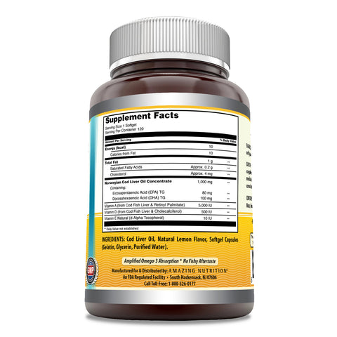 Image of Amazing Omega Norwegian Cod Liver Oil | 1000 Mg | 120 Softgels | Lemon Flavor