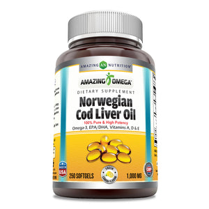 Amazing Omega Norwegian Cod Liver Oil | 1000 Mg | 250 Softgels | Lemon Flavor
