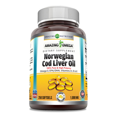 Image of Amazing Omega Norwegian Cod Liver Oil | 1000 Mg | 250 Softgels | Lemon Flavor