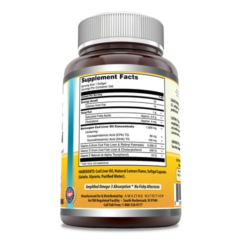 Image of Amazing Omega Norwegian Cod Liver Oil | 1000 Mg | 250 Softgels | Lemon Flavor