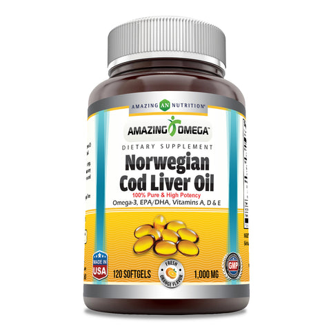 Image of Amazing Omega Norwegian Cod Liver Oil | 1000 Mg | 120 Softgels | Orange Flavor