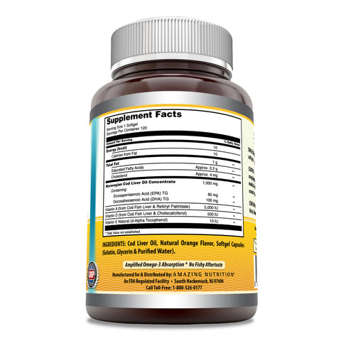 Image of Amazing Omega Norwegian Cod Liver Oil | 1000 Mg | 120 Softgels | Orange Flavor