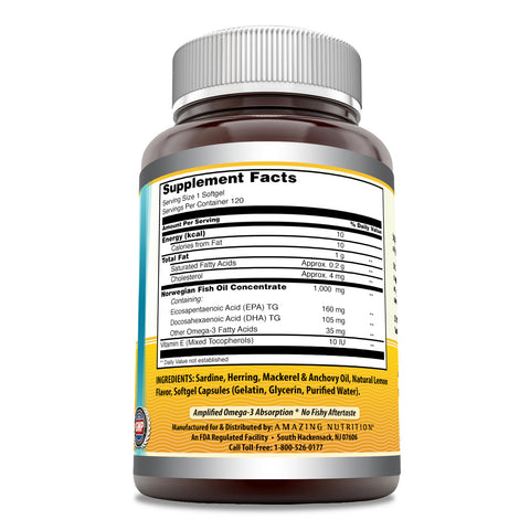Image of Amazing Omega Norwegian Fish Oil Lemon Flavor 1000 Mg 120 Softgels