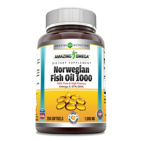 Image of Amazing Omega Norwegian Fish Oil | 1000 Mg | 250 Softgels | Orange Flavor
