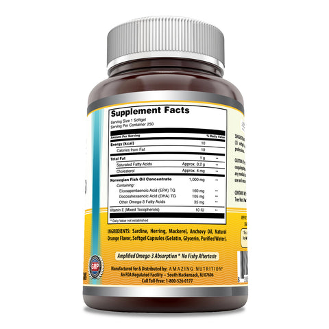 Image of Amazing Omega Norwegian Fish Oil | 1000 Mg | 250 Softgels | Orange Flavor