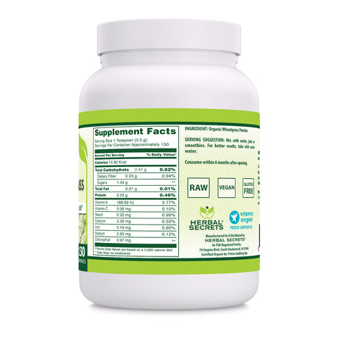 Image of Herbal Secrets Wheatgrass Powder | 16 Oz | 3.5 Grams per Serving | 130 Servings | USDA Organic