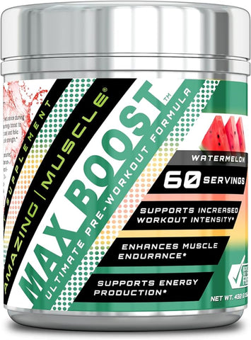 Image of Amazing Muscle Max Boost Pre-Workout Formula | Watermelon Flavor | 60 Servings | 7.2 Grams per Serving