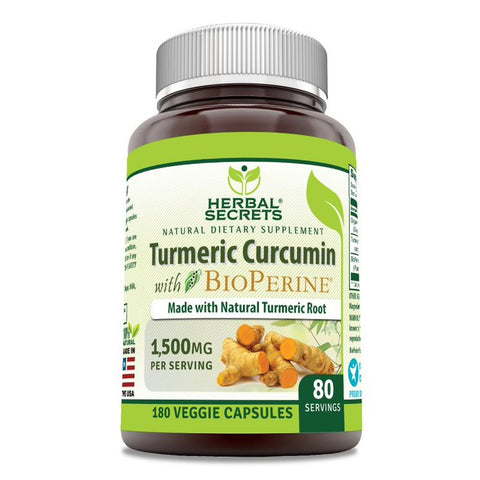 Image of Herbal Secrets Turmeric Curcumin with Bioperine Dietary Supplement | 1500 Mg | 180 Veggie Capsules