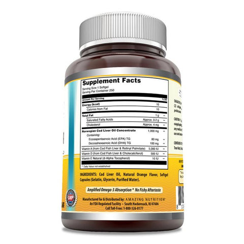 Image of Amazing Omega Norwegian Cod Liver Oil | 1000 Mg | 250 Softgels | Orange Flavor
