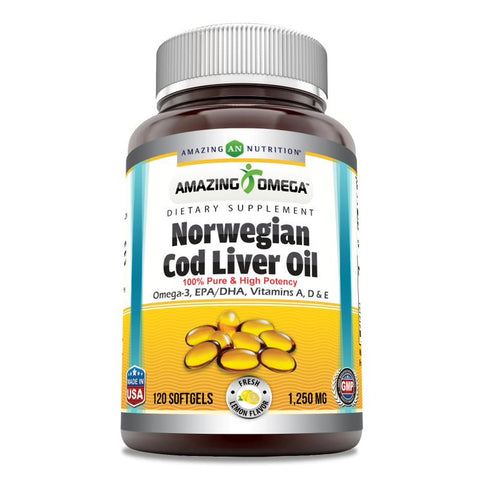 Image of Amazing Omega Norwegian Cod Liver Oil  | 1250 Mg | 120 Softgels | Lemon Flavor
