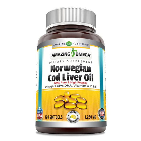 Image of Amazing Omega Norwegian Cod Liver Oil | 1250 Mg | 120 Softgels | Lemon Flavor