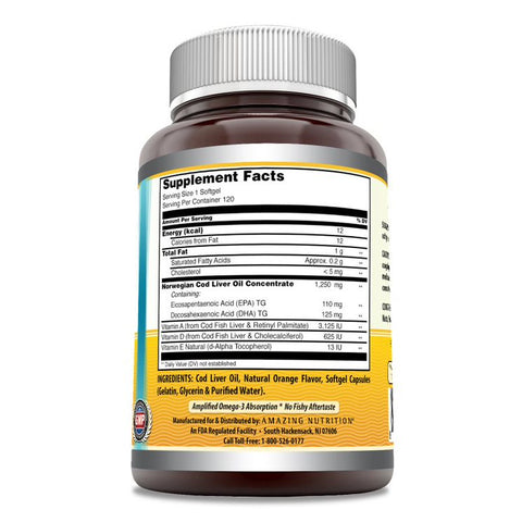 Image of Amazing Omega Norwegian Cod Liver Oil | 1250 Mg | 120 Softgels | Orange Flavor
