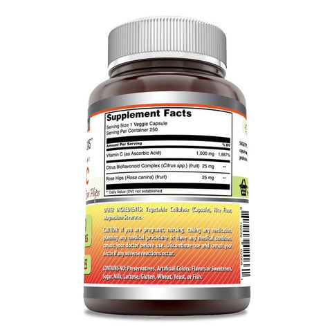 Image of Amazing Formulas Vitamin C (Ascorbic Acid) with Rose Hips & Citrus Bioflavonoids | 1000 Mg | 250 Vegetarian Capsules