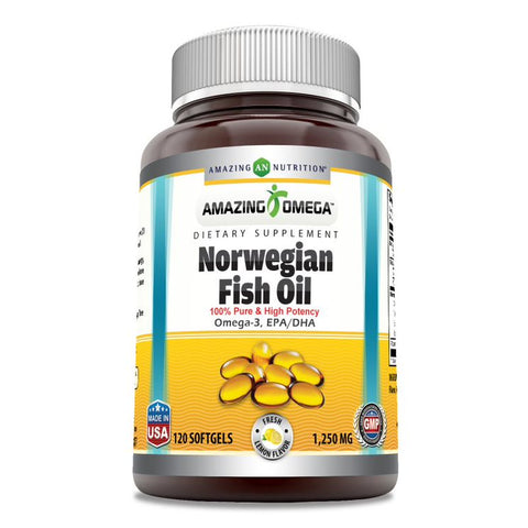 Image of Amazing Omega Norwegian Fish Oil | 1250 Mg | 120 Softgels | Lemon Flavor
