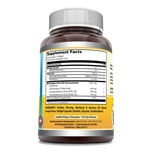 Image of Amazing Omega Norwegian Fish Oil | 1250 Mg | 120 Softgels | Orange Flavor