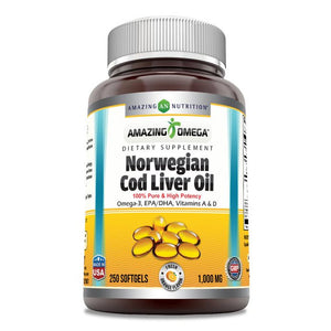 Amazing Omega Norwegian Cod Liver Oil | 1000 Mg | 250 Softgels | Orange Flavor
