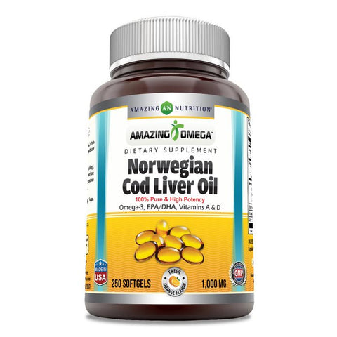 Image of Amazing Omega Norwegian Cod Liver Oil | 1000 Mg | 250 Softgels | Orange Flavor