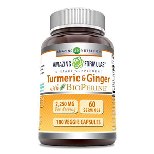 Amazing Formulas Turmeric & Ginger With BioPerine | 2250 Mg Per Serving | 180 Veggie Capsules