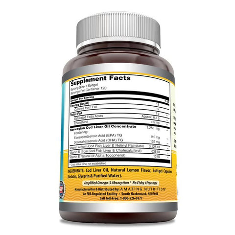 Image of Amazing Omega Norwegian Cod Liver Oil | 1250 Mg | 120 Softgels | Lemon Flavor