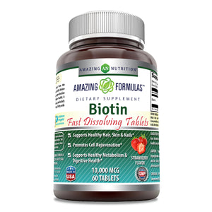 Amazing Formulas Biotin Fast Dissolving | 10000 Mcg | 60 Tablets | Strawberry Flavor