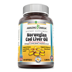 Amazing Omega Norwegian Cod Liver Oil | 1000 Mg | 120 Softgels | Fresh Orange Flavor