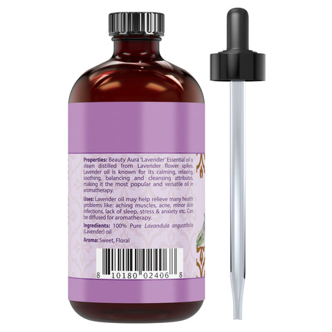 Image of Beauty Aura Lavender Oil | Therapeutic Grade Essential Oil | 4 Fl. Oz (118 ml)