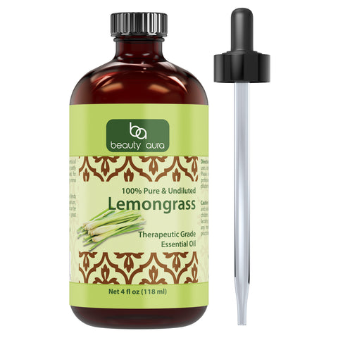 Image of Beauty Aura Lemongrass Oil | Therapeutic Grade Essential Oil | 4 Fl. Oz (118 ml)