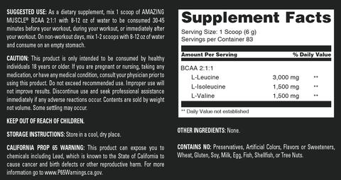 Image of Amazing Muscle BCAA 2:1:1 Powder | Unflavored | 498 G | 83 Servings