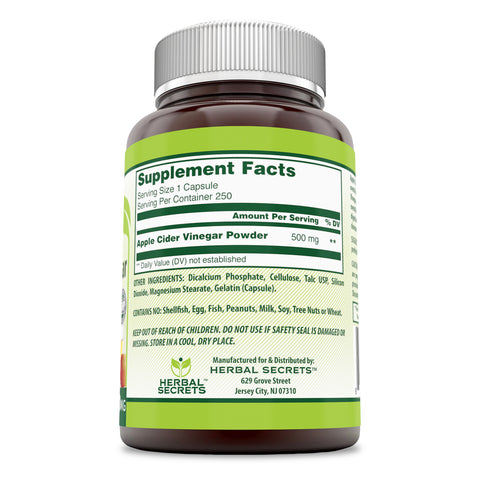 Image of Herbal Secrets Apple Cider Vinegar | 500 Mg | 250 Capsules
