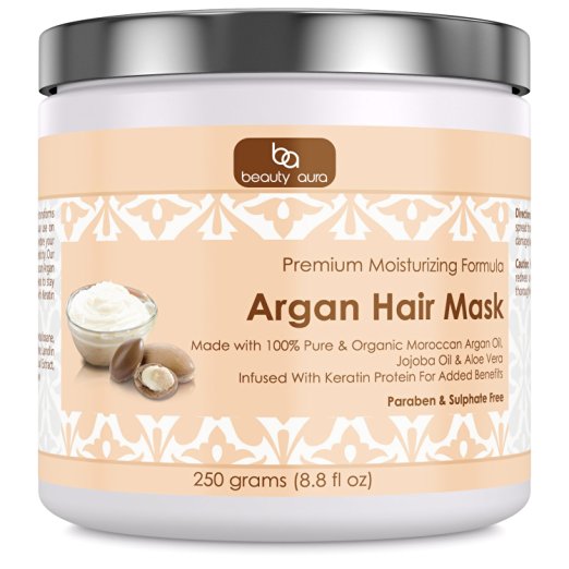 Beauty Aura Argan Hair Mask | 250 G (8.8 Fl. Oz) | 100% Organic Moroccan Argan & Jojoba Oil | Paraben & Sulphate-Free