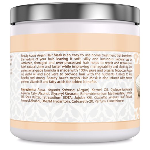 Beauty Aura Argan Hair Mask | 250 G (8.8 Fl. Oz) | 100% Organic Moroccan Argan & Jojoba Oil | Paraben & Sulphate-Free