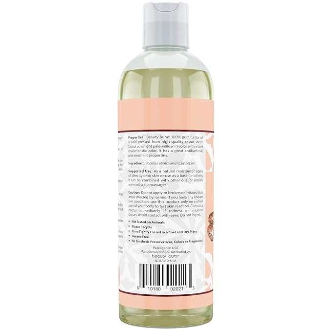 Beauty Aura Castor Oil | 100 % Pure & Cold Pressed | 16 Fl. Oz (473 ml)