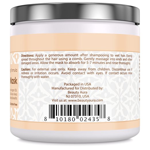 Beauty Aura Argan Hair Mask | 250 G (8.8 Fl. Oz) | 100% Organic Moroccan Argan & Jojoba Oil | Paraben & Sulphate-Free